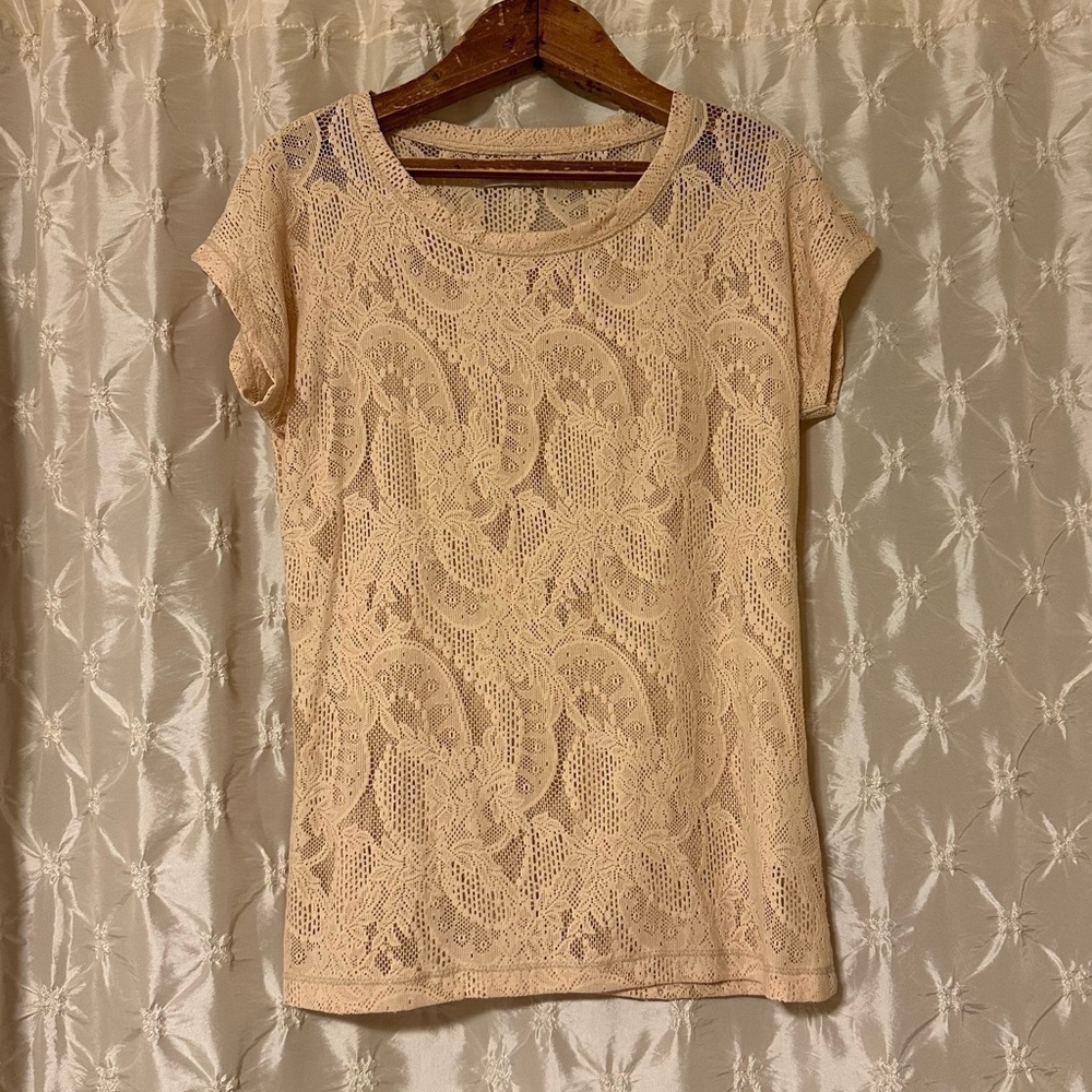 REISS Peach Crochet Lace Short Sleeve Sheer Blouse Top